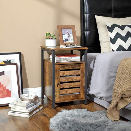 Side End Table - Industrial Style Rustic Brown and Black Bedside Table with Open Shelf