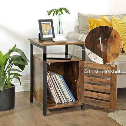 Side End Table - Industrial Style Rustic Brown and Black Bedside Table with Open Shelf