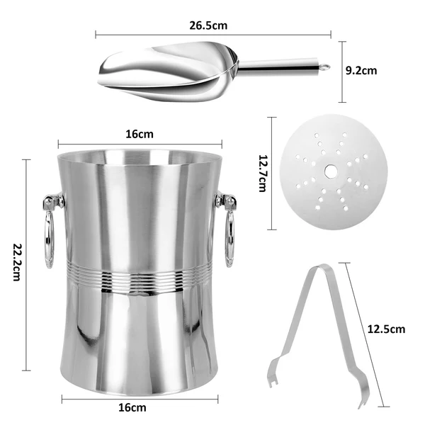 Ice Bucket Set - Insulated Stainless Steel Ice Bucket with Ice Tong, Scoop and Strainer