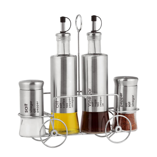 Kitchen Condiment Set - 5 Piece Kitchen Oil Salt Pepper Vinegar Glass Storage Organizer with Stand