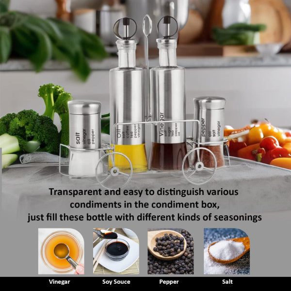 Kitchen Condiment Set - 5 Piece Kitchen Oil Salt Pepper Vinegar Glass Storage Organizer with Stand