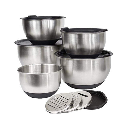 Kitchen Mixing Bowls with Lids - Stainless Steel Black Nesting Bowl with Plastic Lid and Silicone Base (13 Pcs)