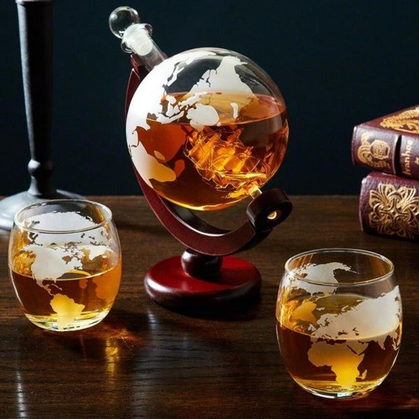 Luxurious Globe Decanter Set with Lead-free Carafe Exquisite Wood-stand and 2 Whisky Glasses