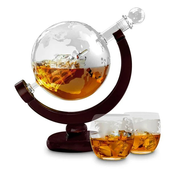 Luxurious Globe Decanter Set with Lead-free Carafe Exquisite Wood-stand and 2 Whisky Glasses