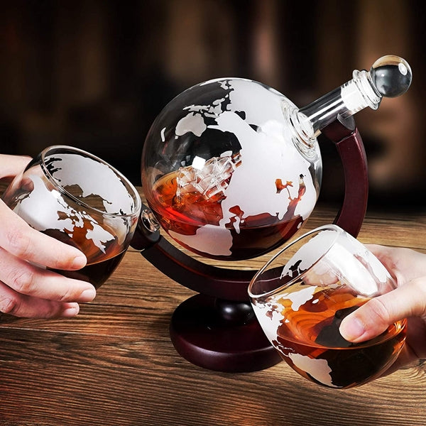 Luxurious Globe Decanter Set with Lead-free Carafe Exquisite Wood-stand and 2 Whisky Glasses