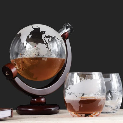 Luxurious Globe Decanter Set with Lead-free Carafe Exquisite Wood-stand and 2 Whisky Glasses