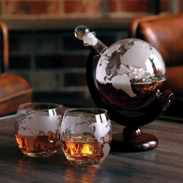 Luxurious Globe Decanter Set with Lead-free Carafe Exquisite Wood-stand and 2 Whisky Glasses