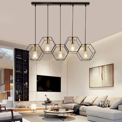 Metal Bar Pendant Lamp with Geometric Iron Frame