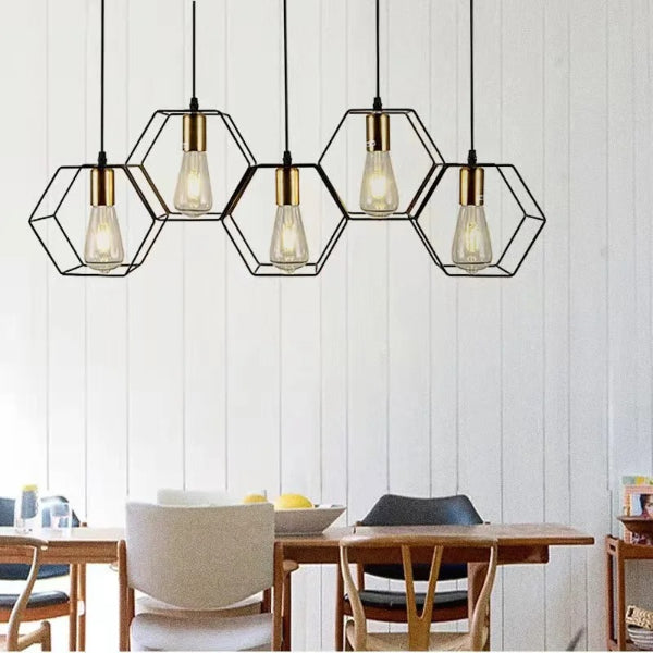 Metal Bar Pendant Lamp with Geometric Iron Frame