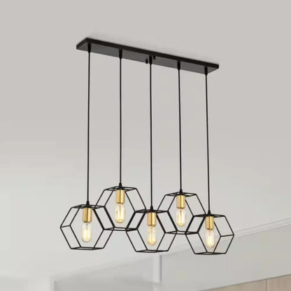 Metal Bar Pendant Lamp with Geometric Iron Frame