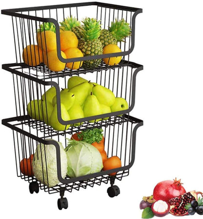 Metal Wire Storage Utility Cart - Storage Basket 3â€‘Tier Stackable Metal Wire Basket Utility Cart