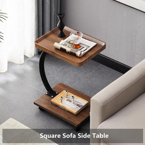 Modern Double Layer Slim C Shaped End Table with Wheels