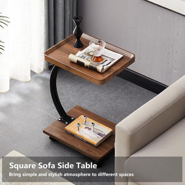 Modern Double Layer Slim C Shaped End Table with Wheels