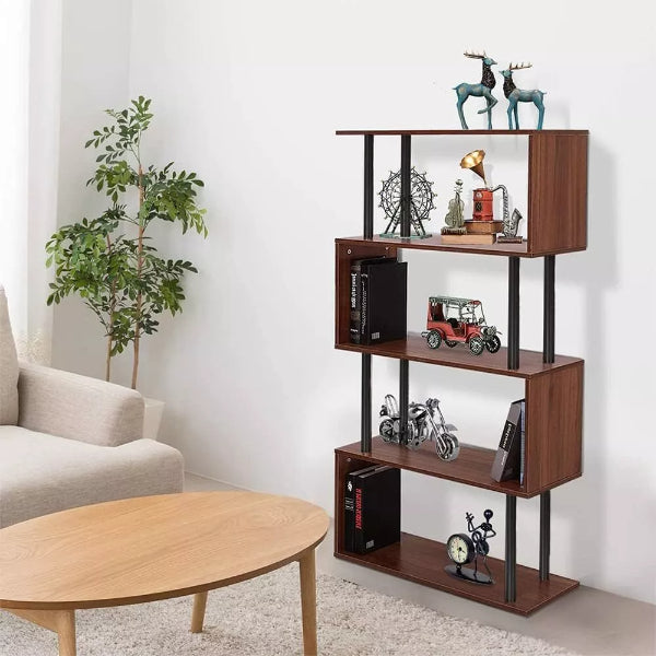 Geometric Bookcase - Modern Freestanding S-Shape Wood Decorative Storage Unit Display Rack