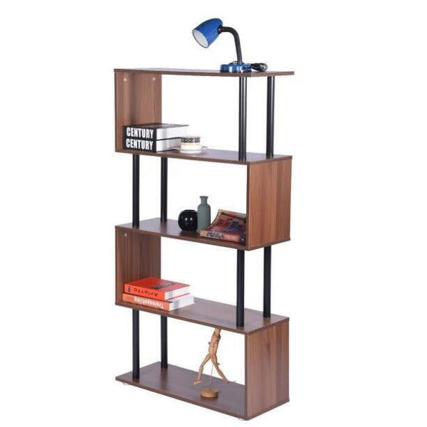 Geometric Bookcase - Modern Freestanding S-Shape Wood Decorative Storage Unit Display Rack