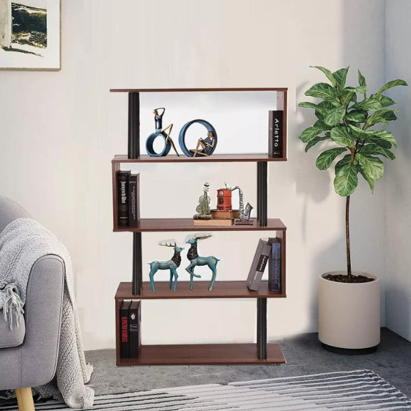 Geometric Bookcase - Modern Freestanding S-Shape Wood Decorative Storage Unit Display Rack