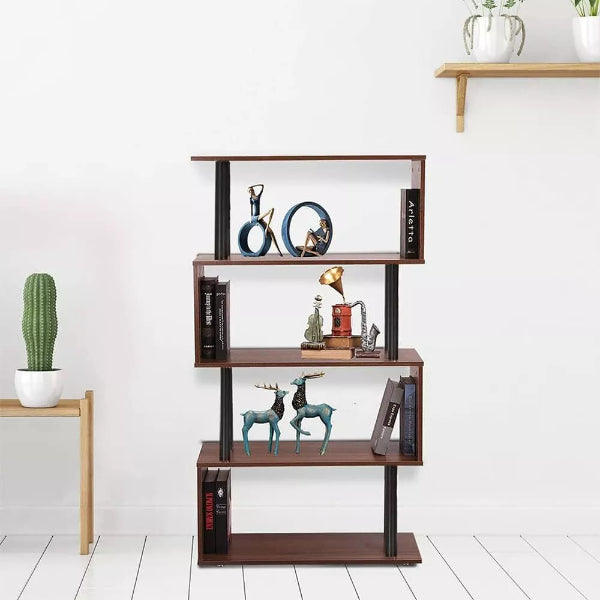 Geometric Bookcase - Modern Freestanding S-Shape Wood Decorative Storage Unit Display Rack