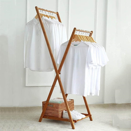 Clothing Storage Rack - Multifunctional Free Standing Vertical Double-Rod Clothing Storage Rack