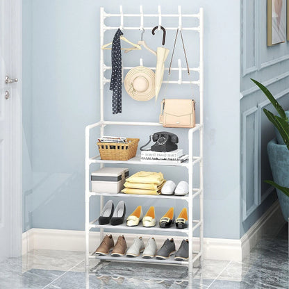 Multifunctional Shoe & Hat Rack Storage Shelf 4-Tier And 8 Hooks