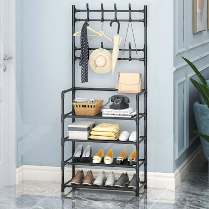 Multifunctional Shoe & Hat Rack Storage Shelf 4-Tier And 8 Hooks