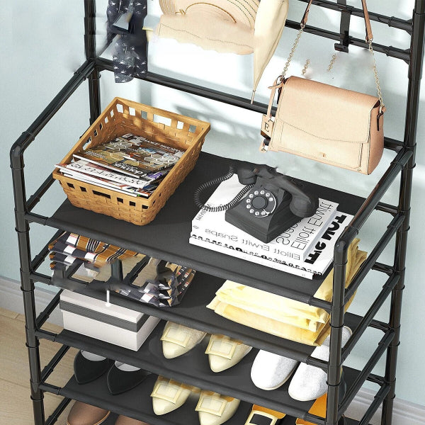 Multifunctional Shoe & Hat Rack Storage Shelf 4-Tier And 8 Hooks