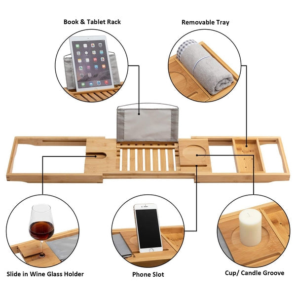 Bathtub Caddy Tray - Natural Bamboo Wood Adjustable Bathtub Caddy and Bed Tray