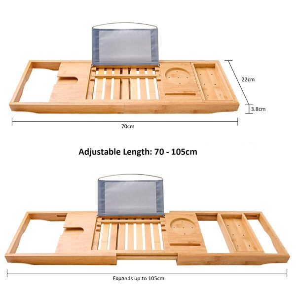 Bathtub Caddy Tray - Natural Bamboo Wood Adjustable Bathtub Caddy and Bed Tray