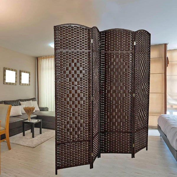 Partition Room Divider - Natural Fiber Folding Diamond Double-Weaved 4 Panel Room Screen Divider