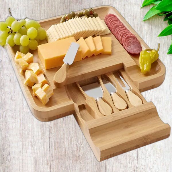 Bamboo Serving Platter Set - Natural Flat Wood Bamboo Cutting Board Serving Platter with 4 Stainless Steel Serving Utensils