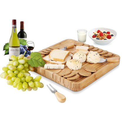 Bamboo Serving Platter Set - Natural Flat Wood Bamboo Cutting Board Serving Platter with 4 Stainless Steel Serving Utensils