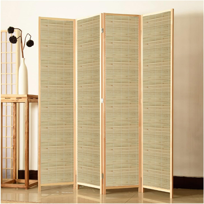 Partition Room Divider - 4-Panel Natural Reed Woven Folding Privacy Screen Room Divider with Solid Smooth Wooden Frame