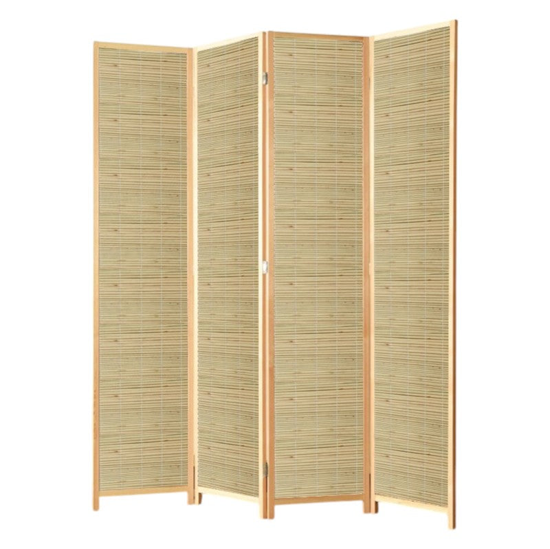 Partition Room Divider - 4-Panel Natural Reed Woven Folding Privacy Screen Room Divider with Solid Smooth Wooden Frame