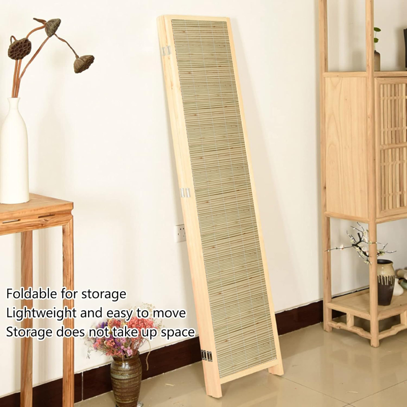 Partition Room Divider - 4-Panel Natural Reed Woven Folding Privacy Screen Room Divider with Solid Smooth Wooden Frame