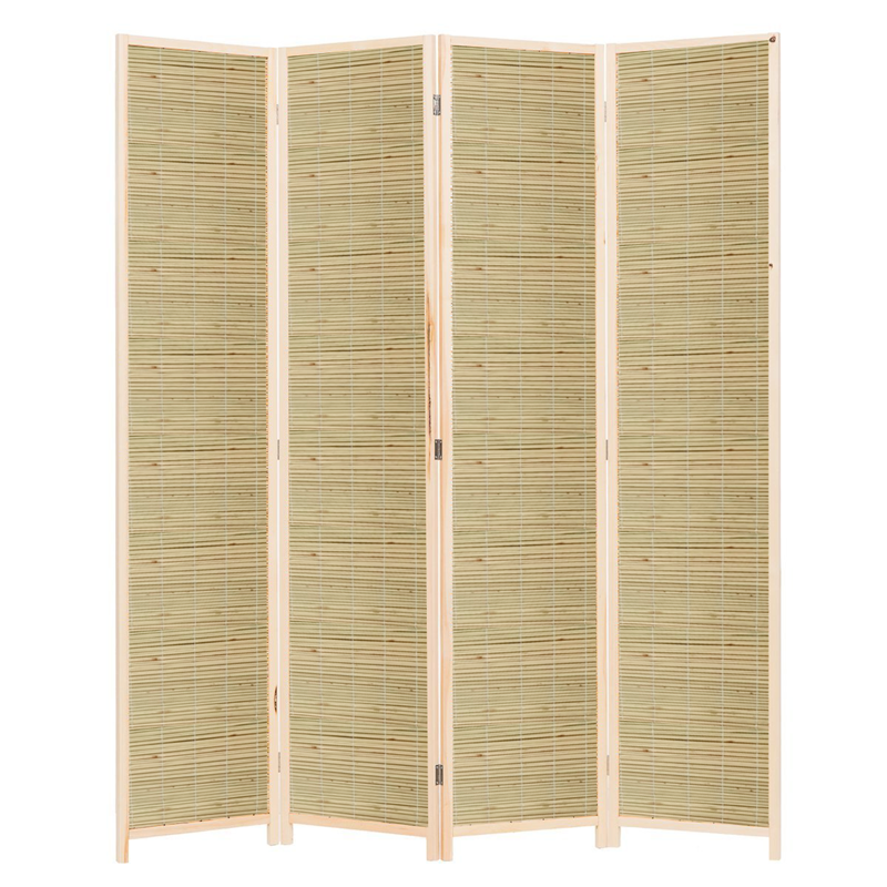 Partition Room Divider - 4-Panel Natural Reed Woven Folding Privacy Screen Room Divider with Solid Smooth Wooden Frame