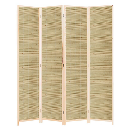 Partition Room Divider - 4-Panel Natural Reed Woven Folding Privacy Screen Room Divider with Solid Smooth Wooden Frame