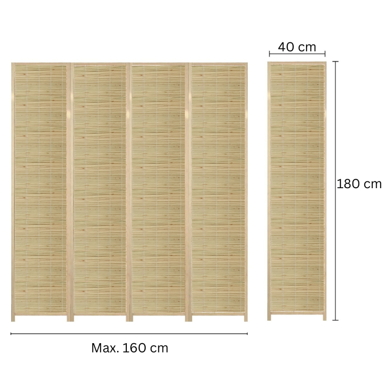 Partition Room Divider - 4-Panel Natural Reed Woven Folding Privacy Screen Room Divider with Solid Smooth Wooden Frame