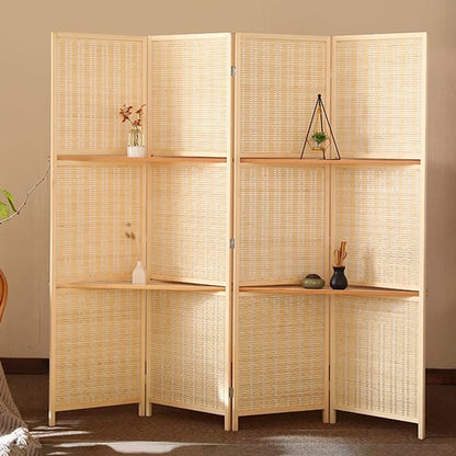 Partition Room Divider - Bamboo Foldable Home Office Divider Partition Wall with Removable Storage Shelf