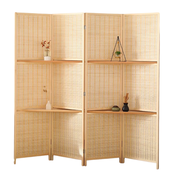 Partition Room Divider - Bamboo Foldable Home Office Divider Partition Wall with Removable Storage Shelf