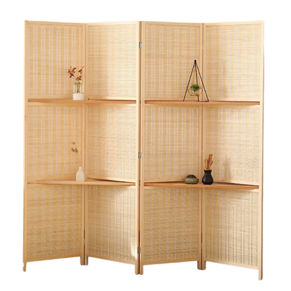 Partition Room Divider - Bamboo Foldable Home Office Divider Partition Wall with Removable Storage Shelf