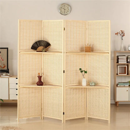 Partition Room Divider - Bamboo Foldable Home Office Divider Partition Wall with Removable Storage Shelf