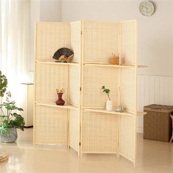 Partition Room Divider - Bamboo Foldable Home Office Divider Partition Wall with Removable Storage Shelf