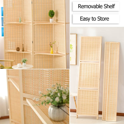 Partition Room Divider - Bamboo Foldable Home Office Divider Partition Wall with Removable Storage Shelf