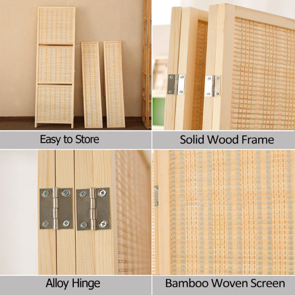 Partition Room Divider - Bamboo Foldable Home Office Divider Partition Wall with Removable Storage Shelf