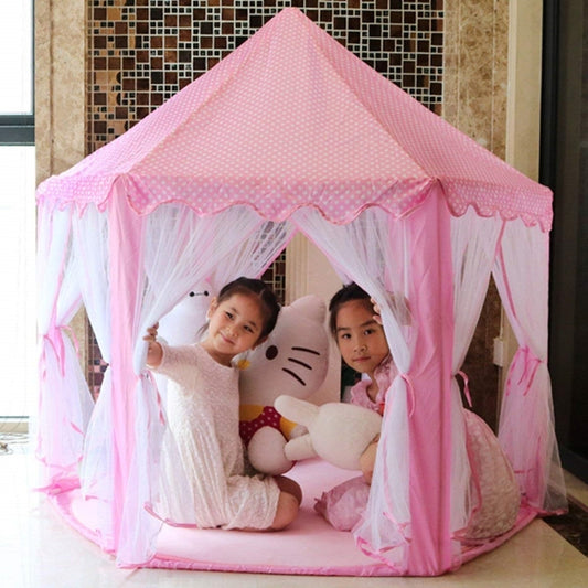 Pink Kids Castle Play Tent - Hexagon Playhouse Castle Play Tent Indoor Outdoor with Star Lights and Plastic Balls