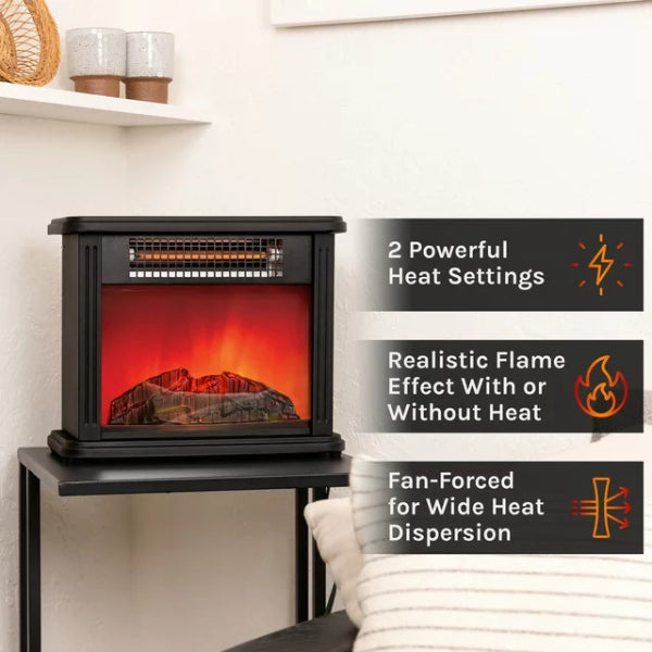 Electric Fireplace Heater - Portable Freestanding Artificial Fireplace Realistic Flame Effect 3D Fan-Forced with 2 Heat Settings