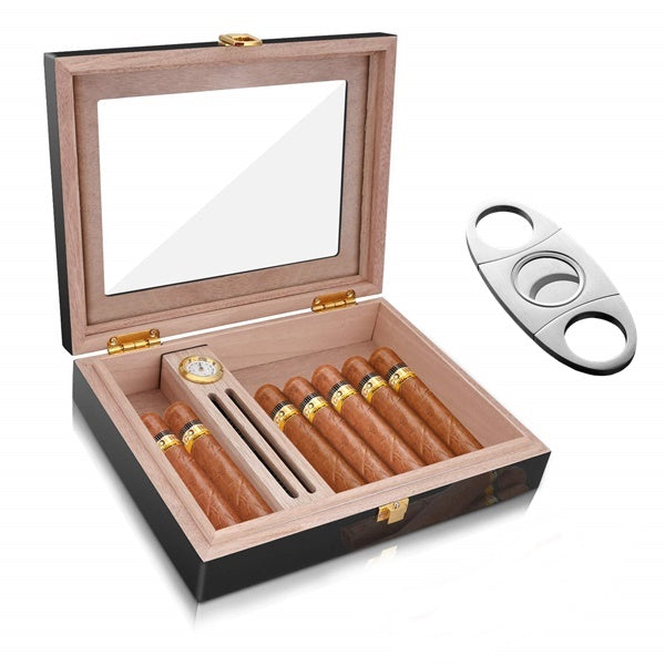 Portable Travel Humidor Cigar Box with Built-in Hygrometer & Cutter Set