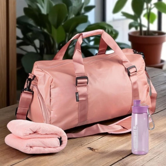 Duffel Bag Set - Portable Travel Fitness Women's Duffel Bag Set with Microfiber Towel & Water Bottle