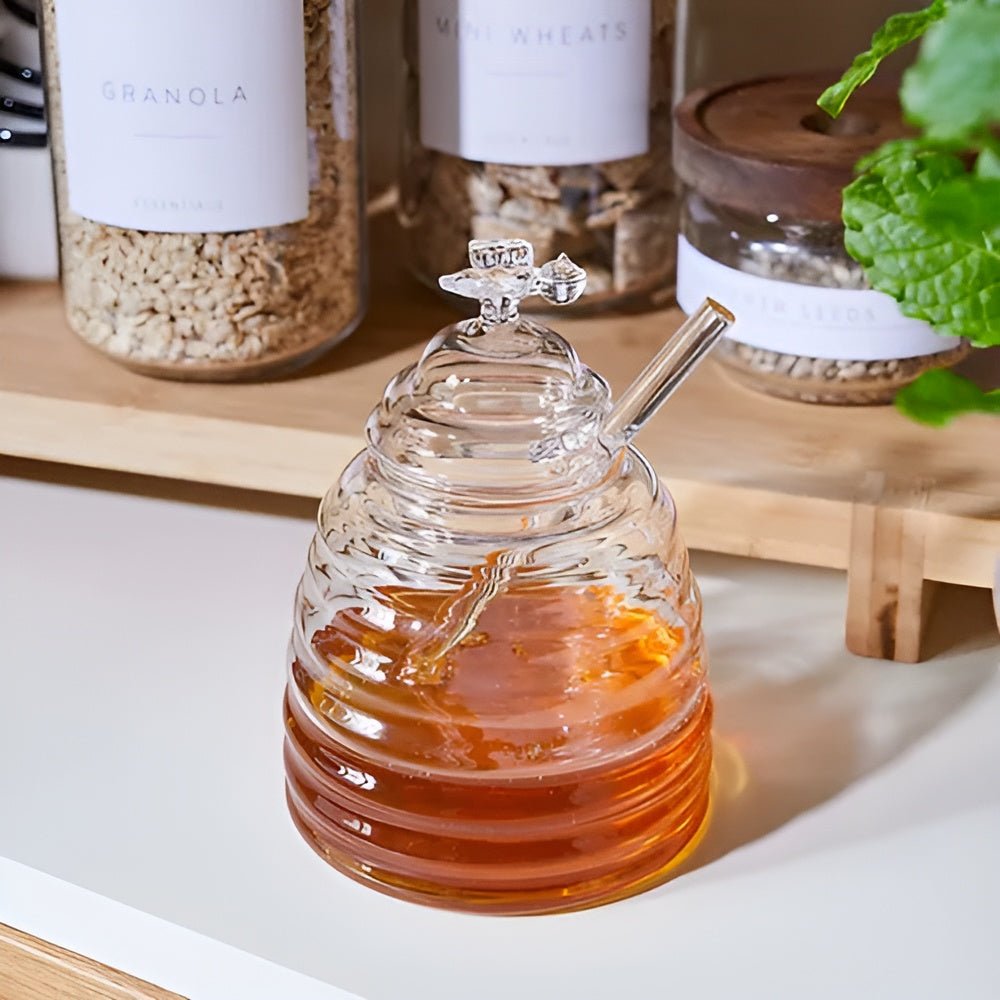 Glass Honey Jar - Clear Borosilicate Glass Honey Jar with Dipper and Dustproof Lid