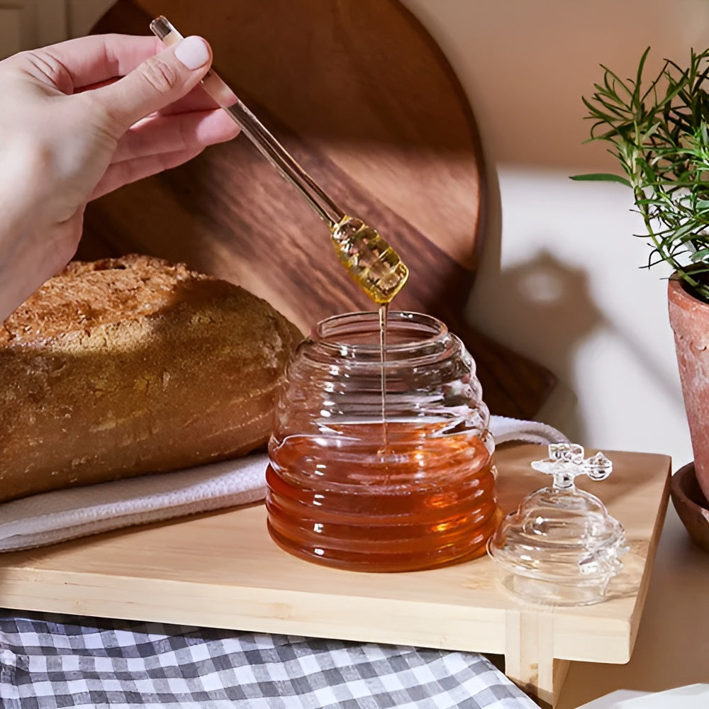 Glass Honey Jar - Clear Borosilicate Glass Honey Jar with Dipper and Dustproof Lid