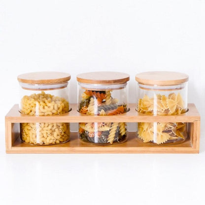 Borosilicate Glass Jars - 4 Piece Storage Borosilicate Glass Jars with Bamboo Lids and Stand Set